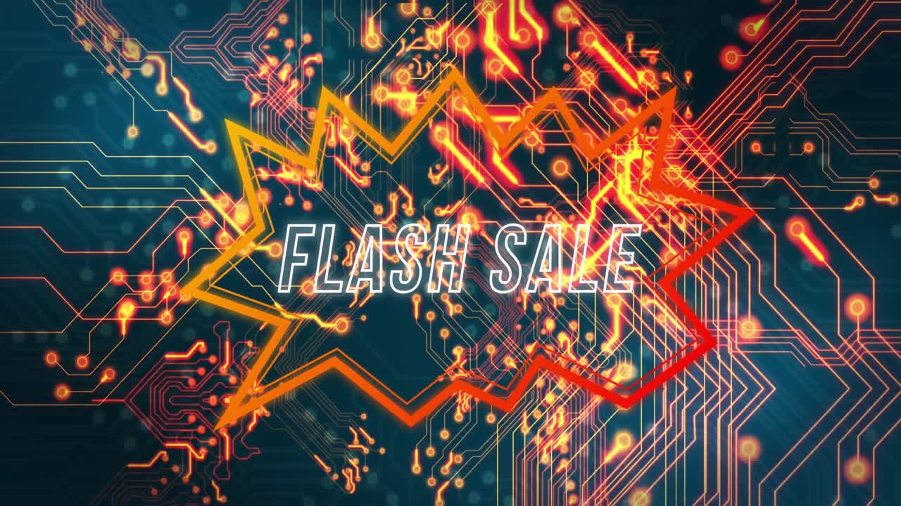 Animation of flash sale text in speech bubble, circuit board pattern against blue background