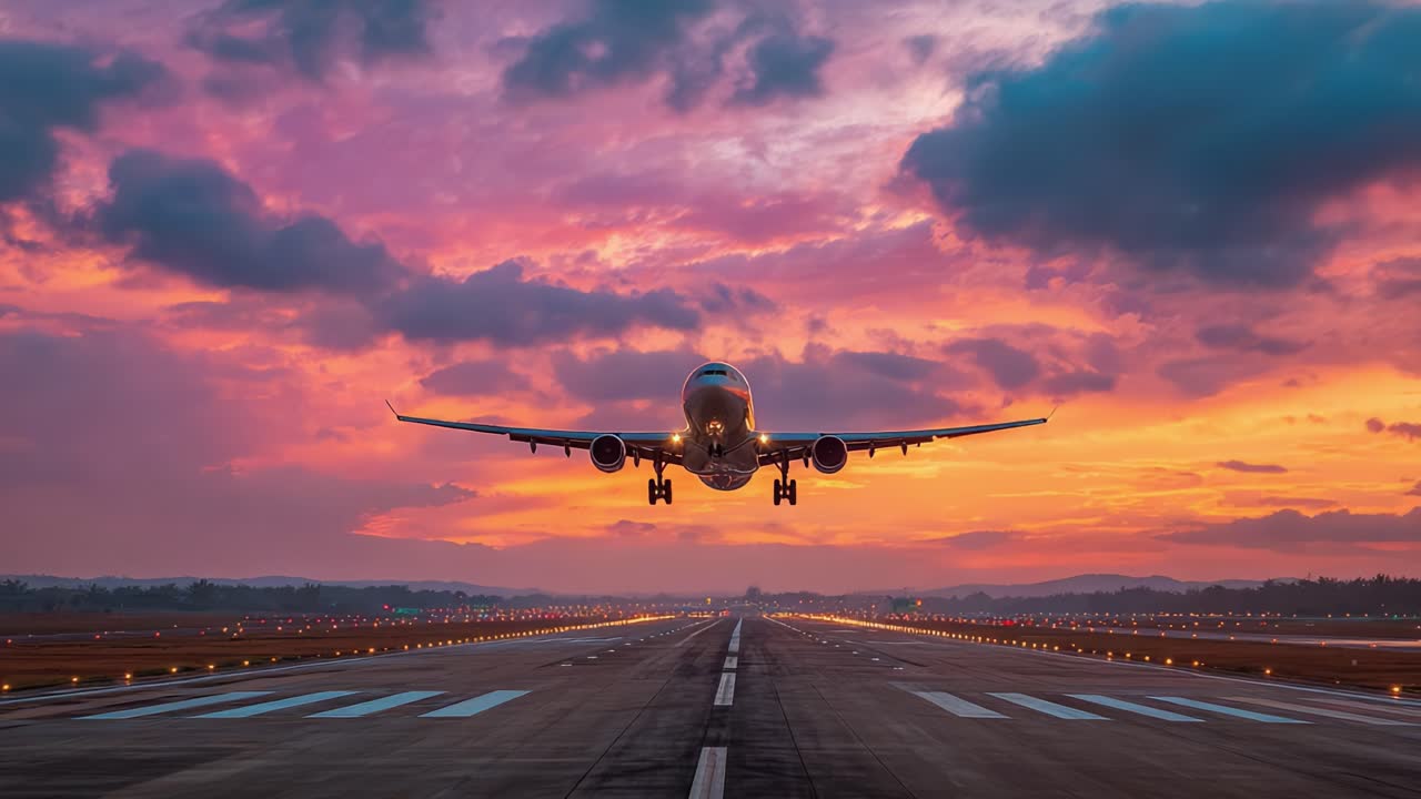 Un impresionante despegue al atardecer: un avión comercial asciende de la pista en medio de un cielo vibrante lleno de coloridos tonos vespertinos y dramáticas formaciones de nubes.