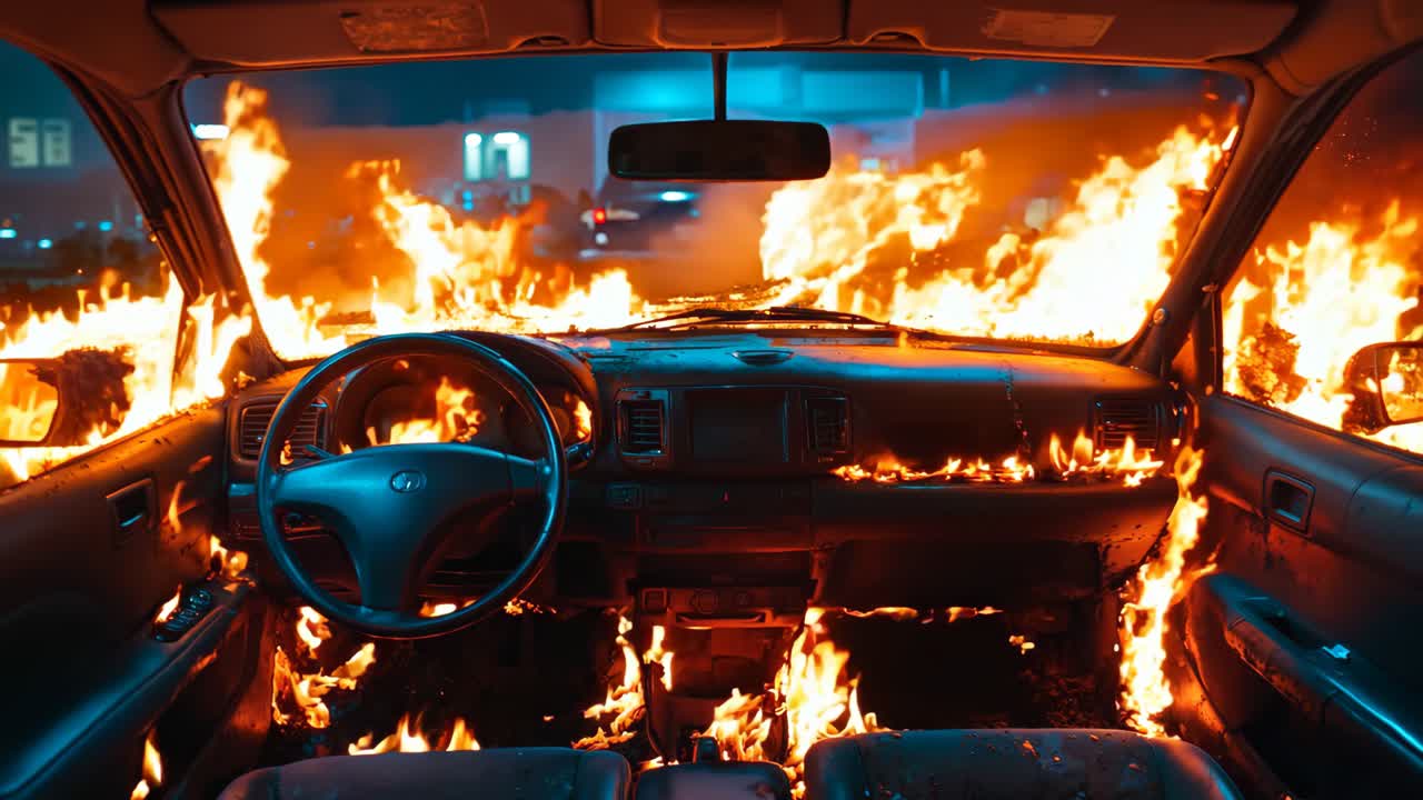 un coche está envuelto en llamas en medio de la noche