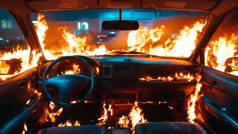 un coche está envuelto en llamas en medio de la noche