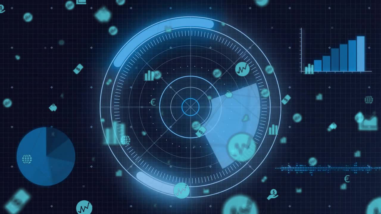 On data update, central radar chart processing inputs while data icons orbiting and charts updating
