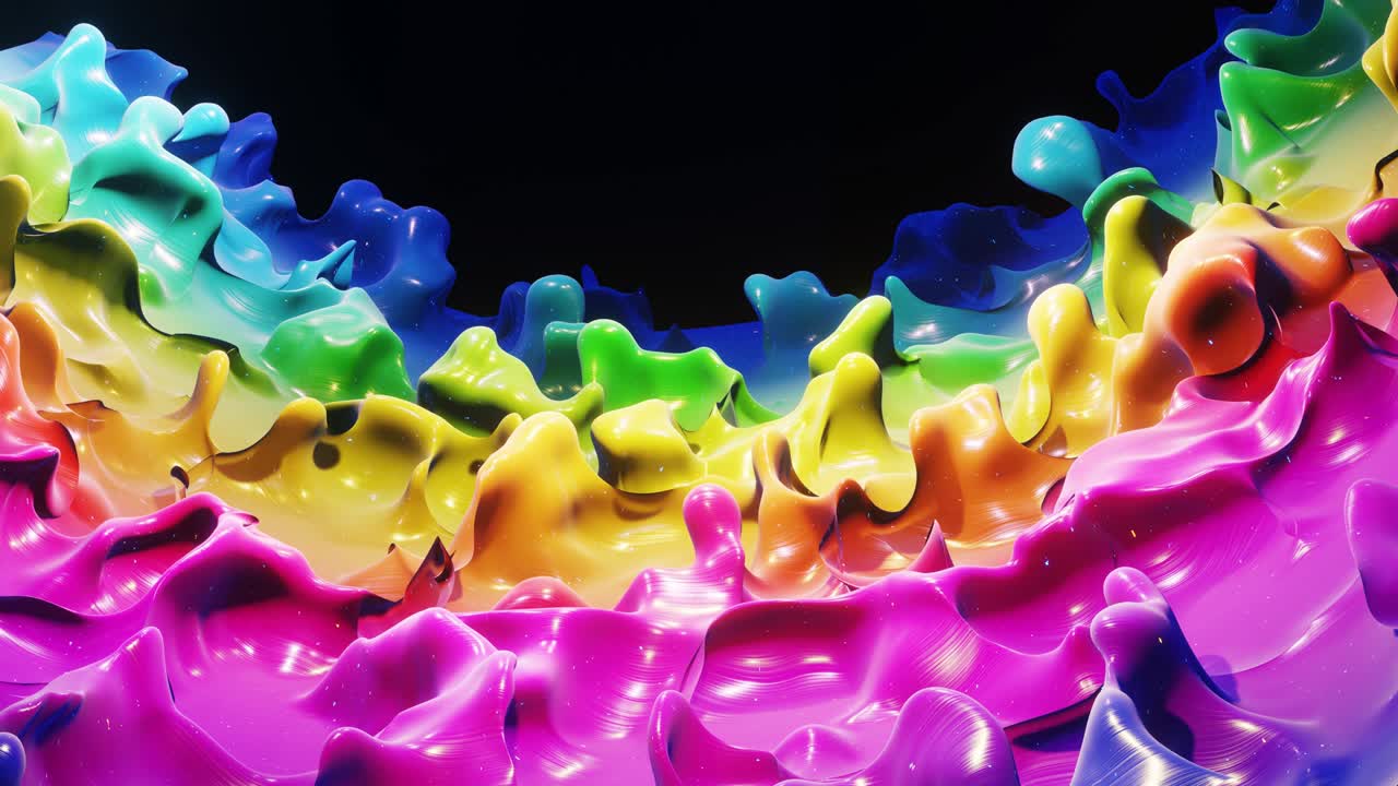 4k에서 액체 그라디언트 무지개 색의 부드러운 추상 애니메이션, 추상적인 루프 축제 배경으로 밝은 반이는 페인트 표면, 물방울처럼 표면에 3d 스플래시와 함께 점성 액체에 반이는.
