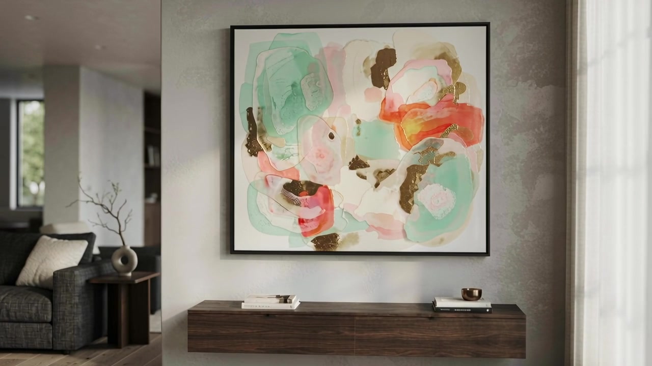 Starting camera dolly toward framed abstract painting in living room, revealing console details