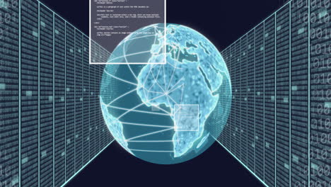 animación de globo, códigos binarios y lenguaje informático y bastidores de servidores de datos sobre fondo negro