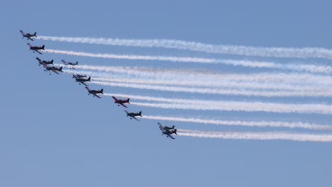 military jets perform coordinated aerial maneuvers