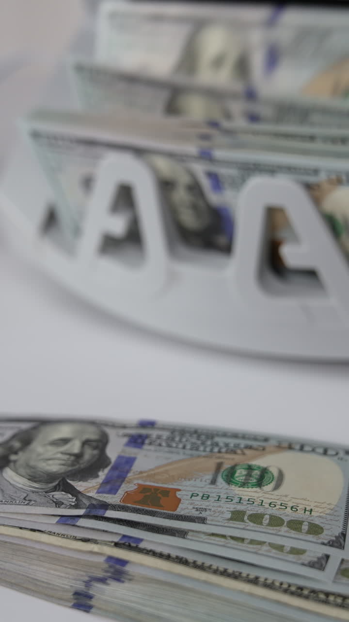 One hundred dollar banknotes on the table and in the cash counting machine. Male hand takes a wad of money showing them to the camera. Close up. Vertical video