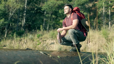 bottle, hiker or man by river water in nature