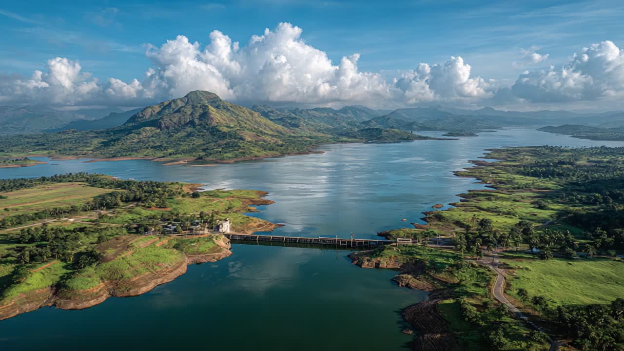 A breathtaking aerial view showcasing a serene landscape with a tranquil river, lush greenery, rolling hills, and a stunning sky filled with fluffy clouds capturing the essence of nature's beauty