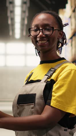 vertical video portrait of black woman worker verifying cargo during import export process