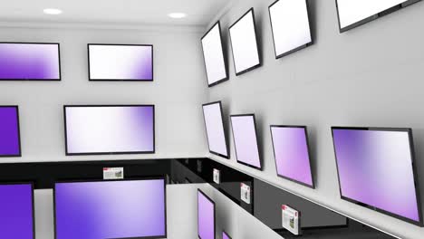 Animation-of-rows-of-television-sets-in-store-with-glowing-screens-with-copy-space