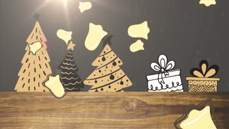 animación de nieve y campanas cayendo sobre árboles de navidad y regalos sobre fondo negro