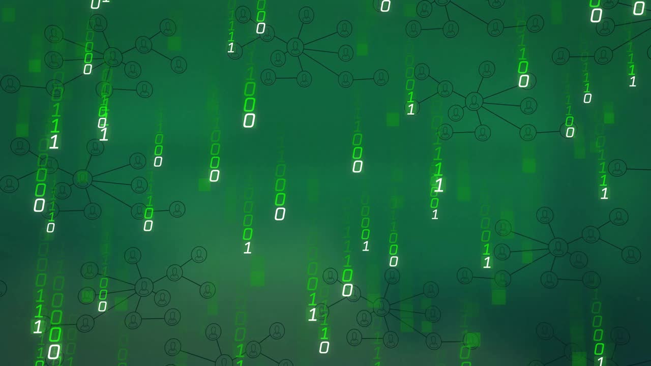 Binary digits fading into view and drifting downward over green backdrop, visualizing network flow