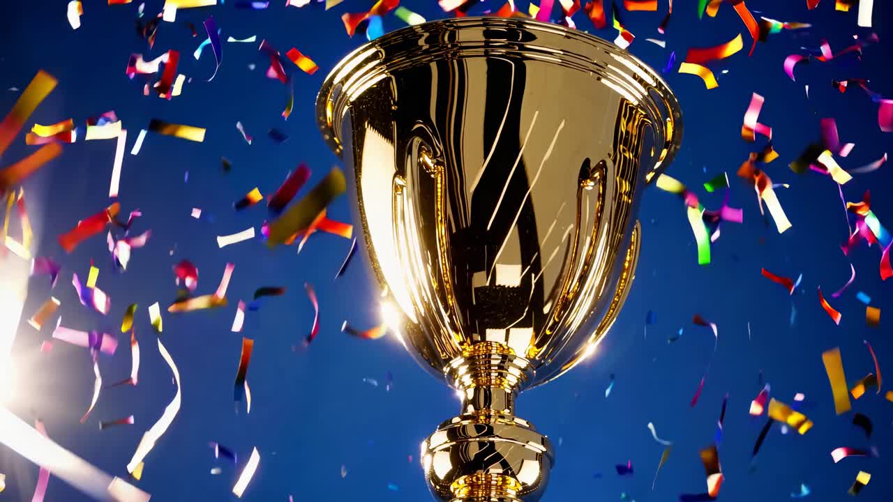Low-angle shot of a golden trophy with colorful confetti falling against a blue sky