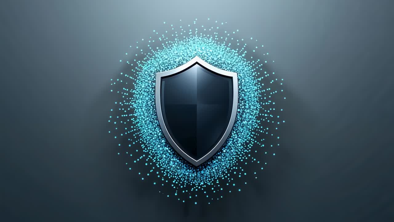 Brightening cyan particles forming halo behind metal shield on gray set, spotlight highlighting it