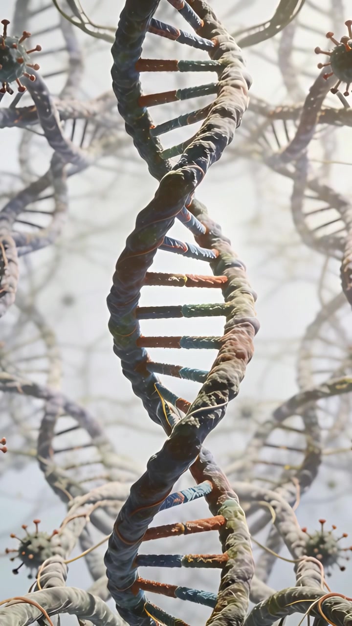 Dikey video: Yakınlaştırmadan 3D dönen DNA sarmalı, sivri kürelerle yapıyı ortaya çıkarmak için nabız gibi atıyor.