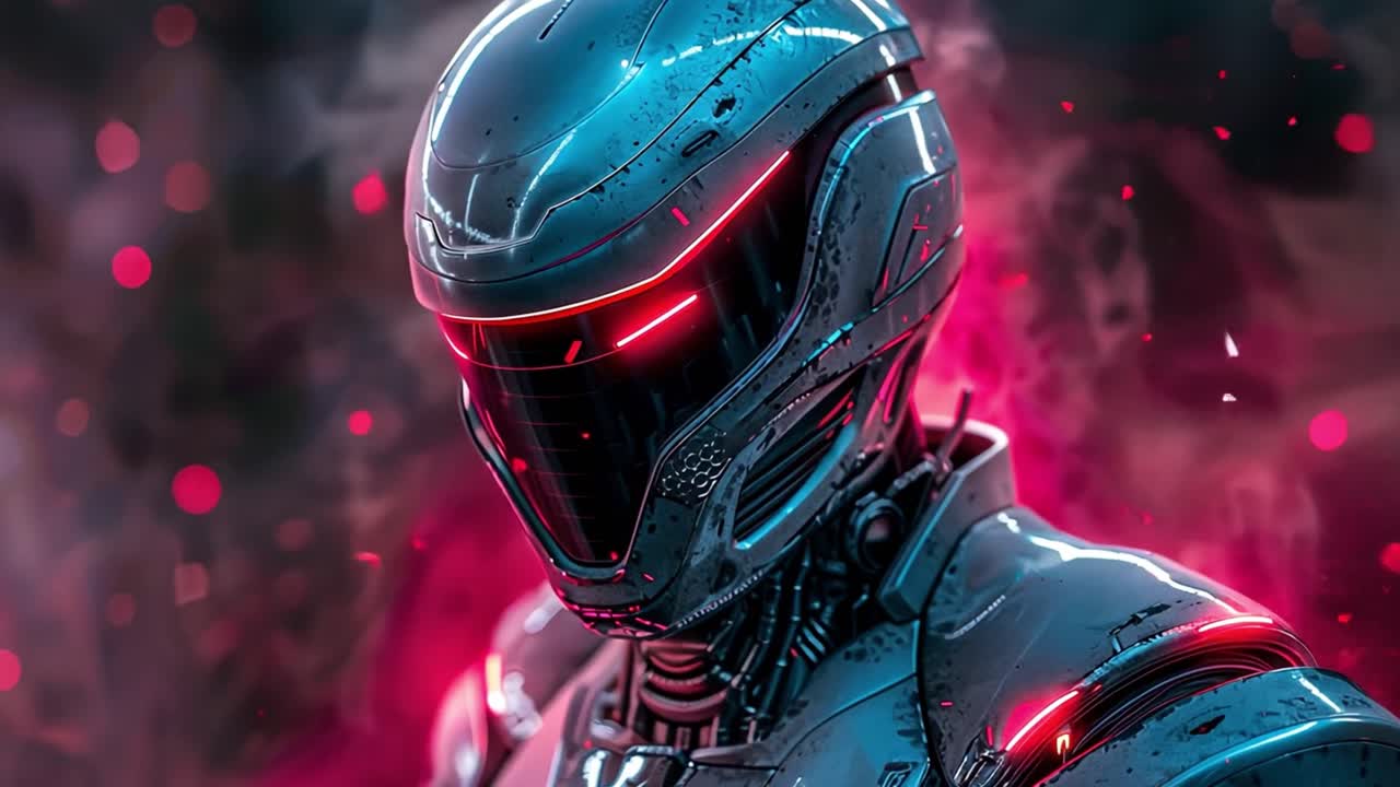 Close-Up of a Futuristic Robot or Cyborg Helmet with Glowing Red Eyes