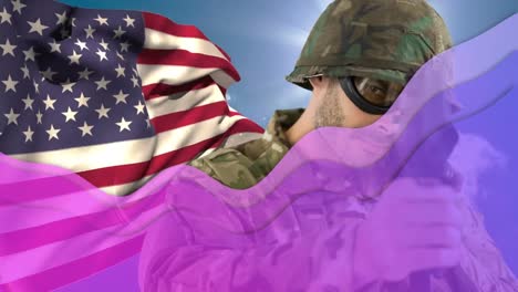 animation of shapes over flag of usa and caucasian male soldier