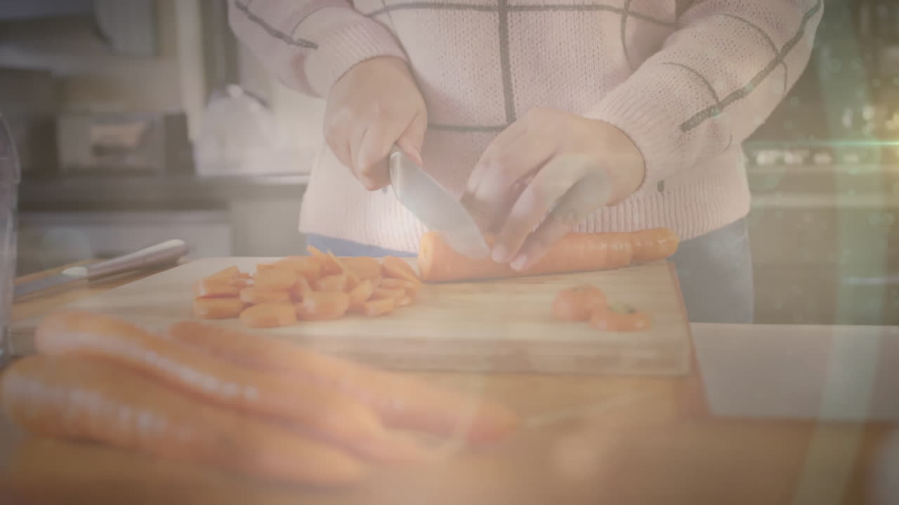 가정의 부에서 당근을 잘라내는 여성 위에 반이는 빛의 반점의 애니메이션
