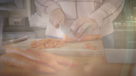 animación de puntos parpadeantes de luz sobre la mujer cortando zanahorias en la cocina en casa