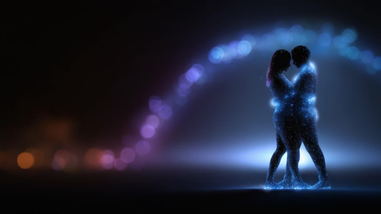 Un momento ipnotico tra due amanti, catturato in un bagliore etereo, che riflette la bellezza della connessione all'interno di un incantevole ambiente illuminato