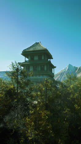 a traditional chinese pagoda nestled in a mountain forest