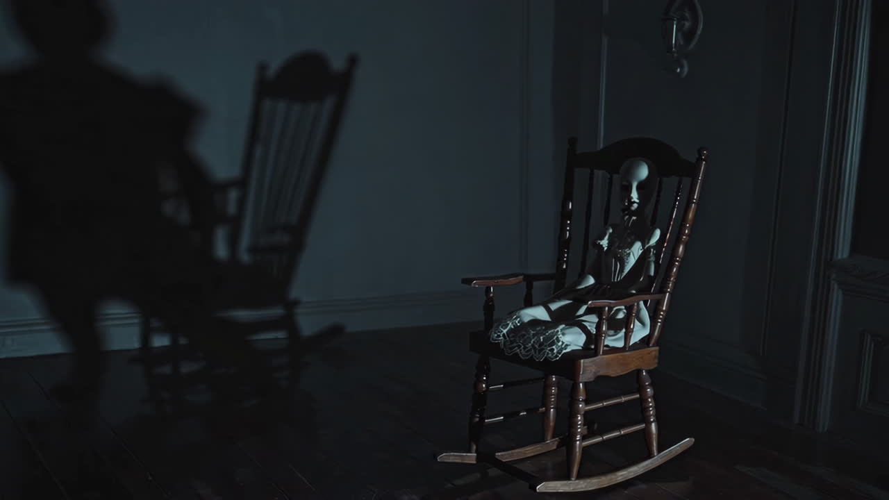 Creepy Doll in a Rocking Chair with Shadow of Child
