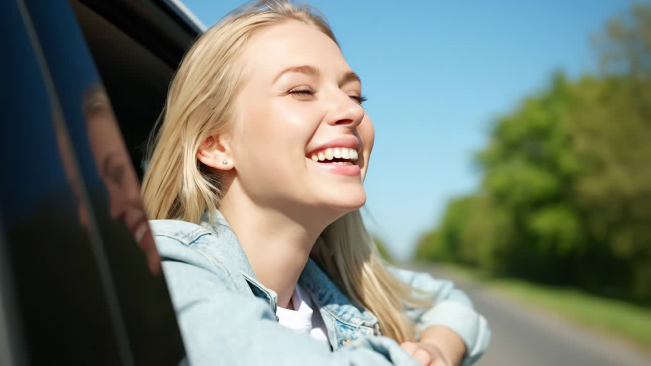 Young blonde woman enjoying a car ride with eyes closed, feeling the breeze and sunshine