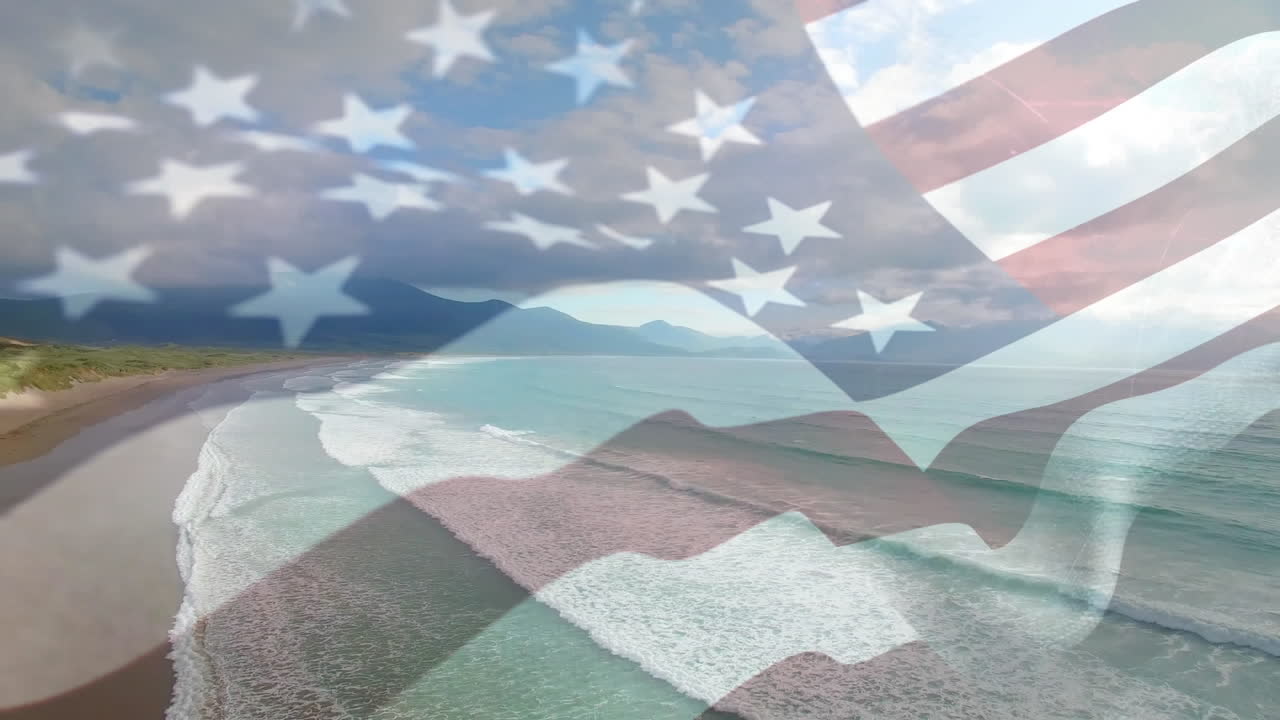 animación de la bandera de los estados unidos ondeando sobre el paisaje marino