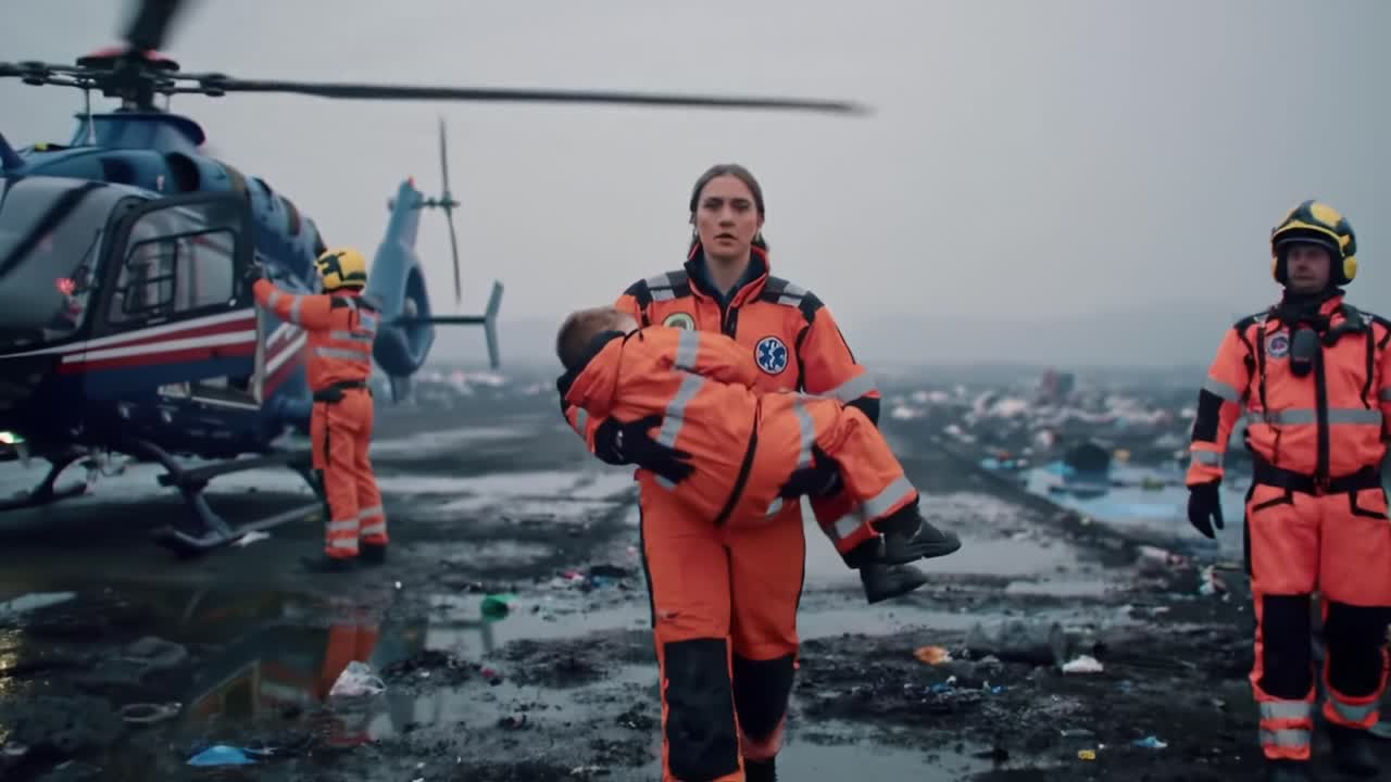 A dedicated rescuer bravely carries a child through a hazardous landscape after a disaster, showcasing the determination and commitment of emergency personnel in crisis situations