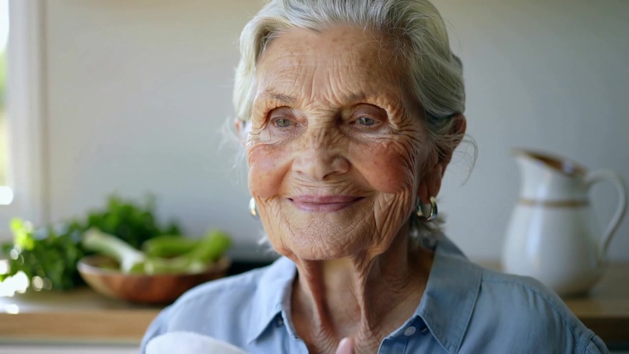 Tenendo un asciugamano bianco, una donna anziana si asciuga e rinfresca il viso in cucina, indossando una camicia azzurra.