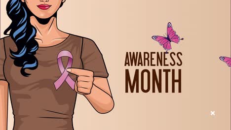 breast cancer awareness month lettering with woman lifting pink ribbon