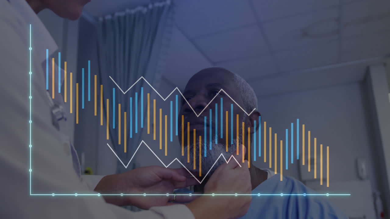 Female doctor palpating patient in clinic, displaying animated bar charts and line graph
