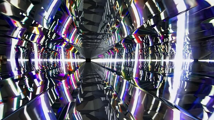 Tunnel futuristico astratto con riflessi e luce incandescente