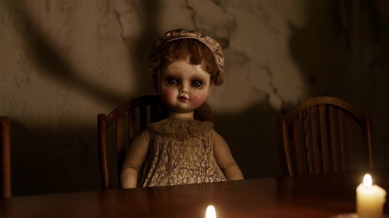 Uma boneca assustadora está sentada ao centro de uma mesa de madeira num interior escuro, com velas acesas em primeiro plano, cadeiras vazias ao fundo e uma parede texturizada que contribui para