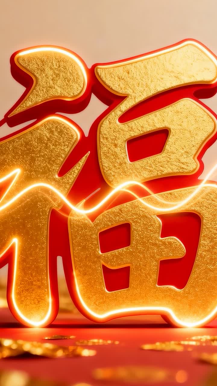 Vertical video: Pulsing neon streaking left to right across 3D golden ? on red base, accenting foil