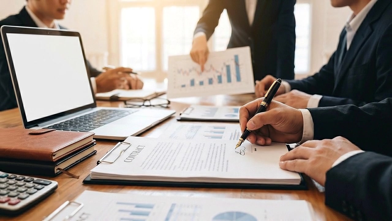 Profesionales de negocios firmando documentos juntos en la mesa de una oficina