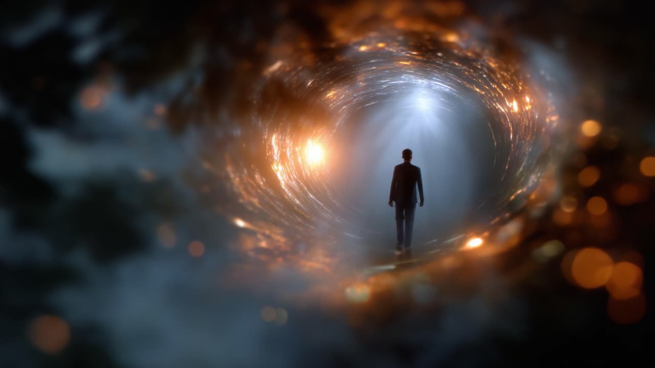 Una figura solitaria si trova all'ingresso di un vortice luminoso, raffigurando il fascino del mistero e dell'ignoto in un ambiente surreale e suggestivo