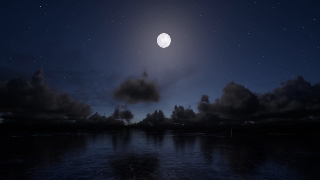 Sea and dark puffy clouds moving on night time with bright moon and stars 3D animation static camera