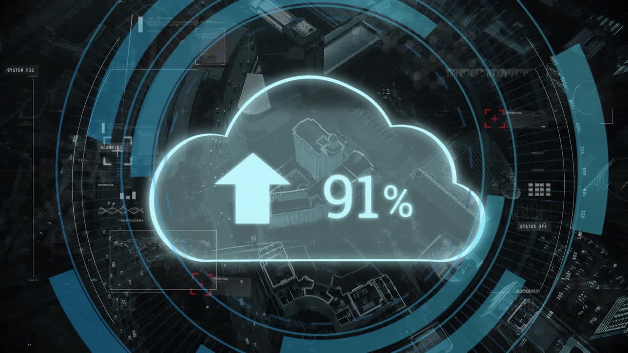 animación de escaneo de alcance y icono de nube con un número creciente en el paisaje urbano.
