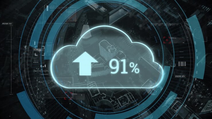 Animation of scope scanning and cloud icon with growing number over cityscape