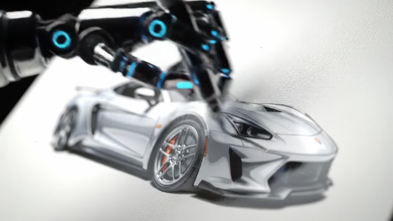 A Futuristic Robotic Arm Skillfully Captures the Essence of a Sleek Sports Car on Canvas, Blending Technology and Artistry in a Striking Visual Representation