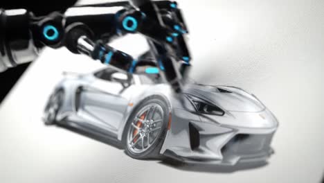 a futuristic robotic arm skillfully captures the essence of a sleek sports car on canvas, blending technology and artistry in a striking visual representation