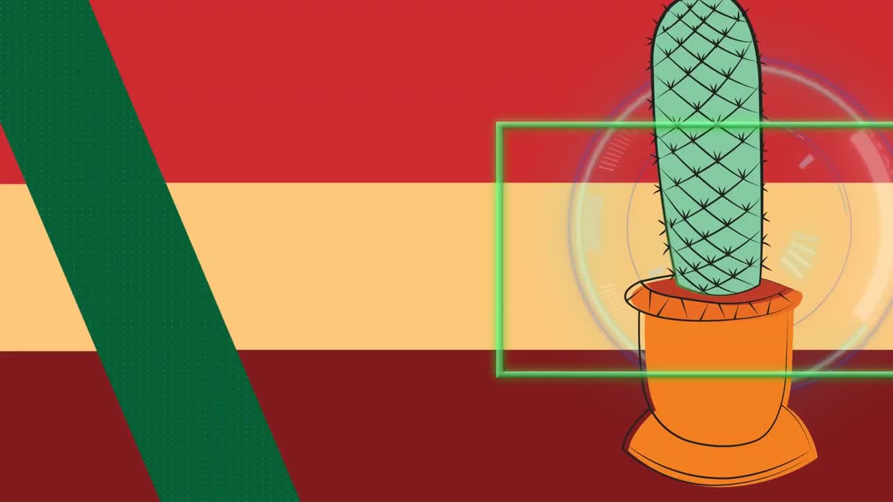 animación del procesamiento de datos sobre cactus con marco de neón y franja verde.