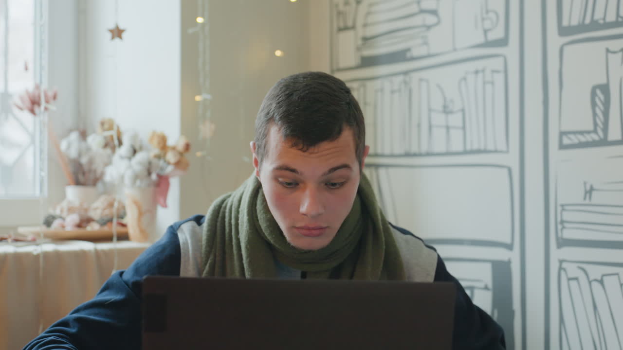 White male learner investigating laptop issue, urgent posture pointing at screen, fingers tapping keys, brows furrowed, deadline tension, window light, cozy interior, error messages implied