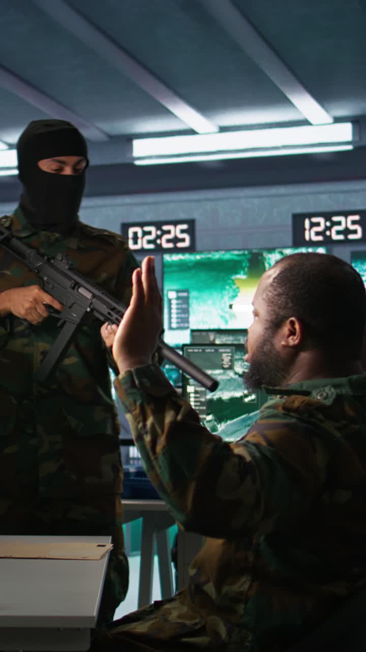 Vertical video Terrorist threatening soldiers with rifles in command post