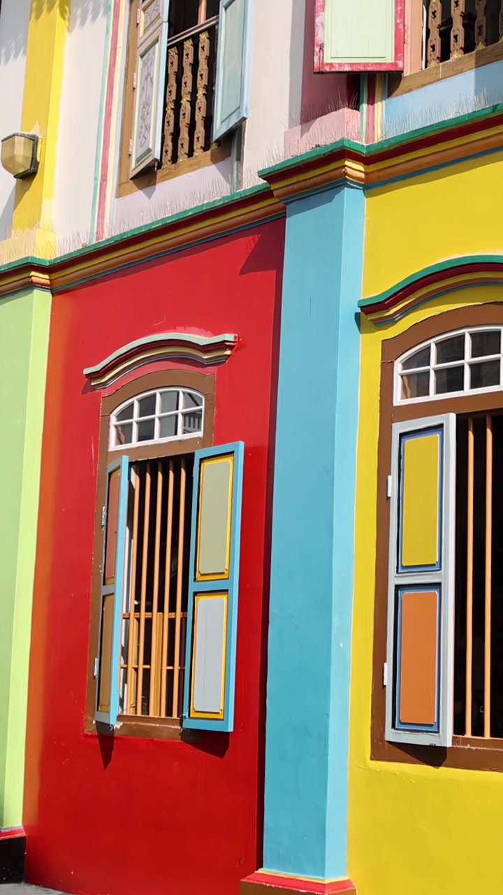 A câmera desce em movimento panorâmico por uma fachada colorida e histórica de shophouse sob luz do dia intensa, destacando janelas ornamentadas, persianas de madeira e detalhes arquitetônicos vívidos em Singapura.