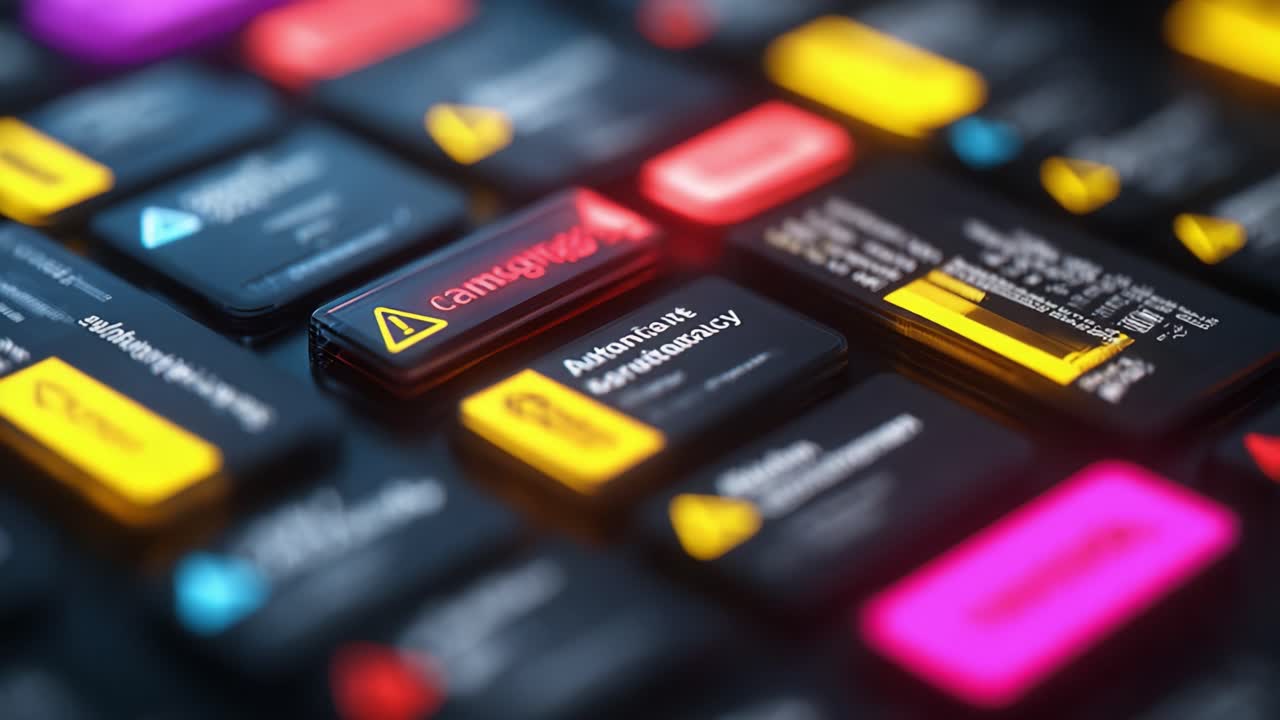 Close-Up View of Colorful Interactive Buttons on a Keyboard: Highlighting Various Functionality and Alerts, Showcasing Dynamic User Interface Elements