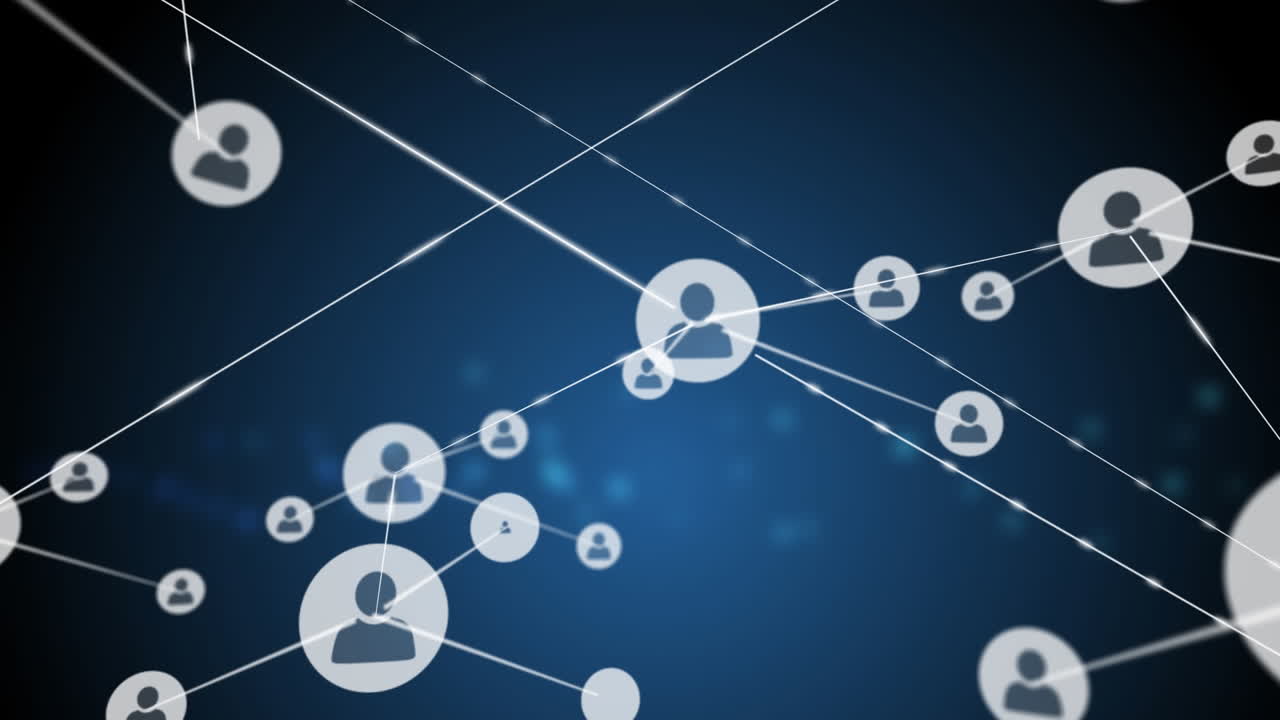 Animation of network of profile icons against blue background