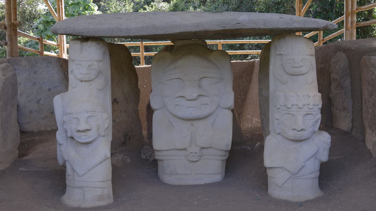 Close up of ancient stone statues at San Agustin, intricate carvings and cultural historical archaeological significant relics