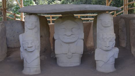 Close up of ancient stone statues at San Agustin, intricate carvings and cultural historical archaeological significant relics